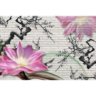 PAPERMOON Fototapete "LOTUSBLUME-STEINWAND GRAFFITI BLUMEN 3D DESIGN BLUME" Tapeten Vliestapete, hochwertiger Digitaldruck, inklusive Kleister Gr. B/L: 3,00 m x 2,23 m, Bahnen: 6 St., bunt Tapeten