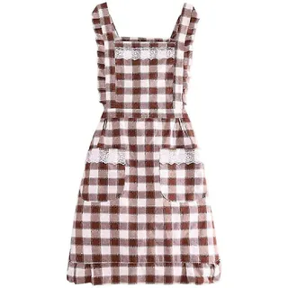 Ärmellose Backschürze Mit Karomuster Und Spitzendekor, Kurz, Doppellagig, Ölabweisend, Unisex, Mit Zwei Taschen, Ideal Für Bäckereien.-coffee