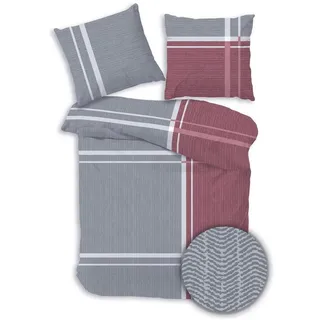 DOBNIG Bettwäsche Flanell, Flanell, 2 teilig, gestreift, silber, rot silberfarben