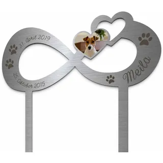 Edelstahl Grabstecker Hund Katze - Blumenstecker Infinity | Personalisierter Metall Grabschmuck wetterfest Tiere | Tiergrab Katzengrab Hundegrab Deko | Trauer Andenken (Personalisierbar)