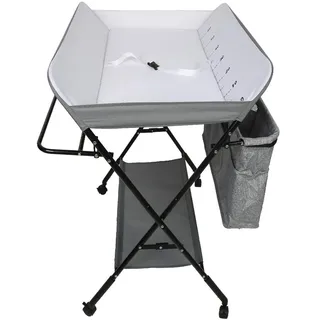 Klappbarer Wickeltisch, Tragbarer Wickelkommode, Wickelauflage mit Sicherheitsgurt, Wickelkombination, Platzsparend, Höhenverstellbar, Grau-weiß, 55×80×(93-99) cm mit Rollen