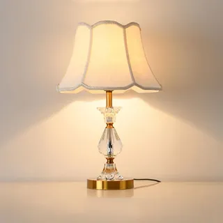 Kristallglas Nachttischlampe Tischlampe Kristall Tischleuchte Stoff Lampenschirm mit Runder Standfuß Elegante Moderne Heimtischlampe E27 mit Druckschalter für Schlafzimmer Wohnzimmer Büro, Golden