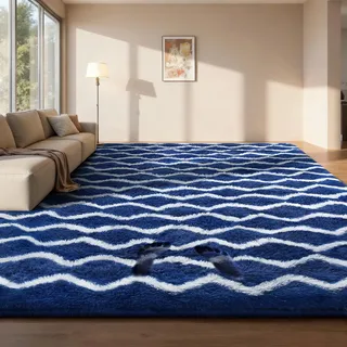 Sour Lemon Teppiche Wohnzimmer 140x200 cm Blau und Weiß Gestreifter Teppiche Waschbar Anti-Rutsch Hochflor Teppich Extra Große Flauschig Moderne Weich Teppich für Schlafzimmer Kinderzimmer