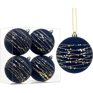Hollyone 10cm Große Weihnachtskugeln aus Samt Dunkelblau, 4PCS Flockige Christbaumkugeln mit Glitzer, Bruchsicherer Hängende Ornamente für Weihnachtsbaum Feiertage Party Weihnachtsdeko