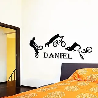 Wandaufkleber für Junge Persönlich Name BMX Radfahrer Fahrrad Wandtattoo Monogramm mit Namen Kinder Geschenk Jungen Kinderzimmer Vinyl Aufkleber Wandsticker Fototapete Dekoration für Zuhause Schlafzimmer