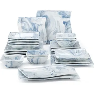 MALACASA FLORA, 26-tlg. Tafelservice, Porzellan Geschirrset Kombiservice mit Tellerset, Schale, Servierplatten, Marmor-Blau - Blau