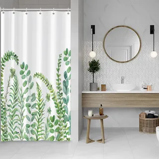 ASDCXZ Grün Blätter Duschvorhang 90x180 cm, Frühling Grün Blätter Eukalyptusblätter Pflanzen Bad Waschbar Schmal Duschvorhänge Polyester Textil Wasserdicht Duschvorhang für Badewanne mit 6 Haken
