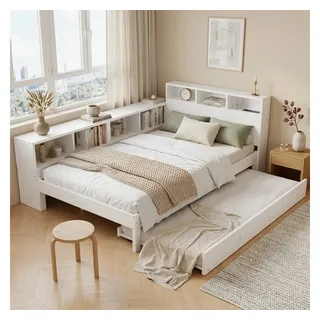 Odikalo Polsterbett Jugendbett Bettgestell Ohne Matratze (Holzbett 120x200 cm mit Ausziehbett 90x190 cm, weißes Funktionsbett mit seitlichem Stauraumregal links/rechts montierbar, Kopfteilablage und Ladestation) weiß