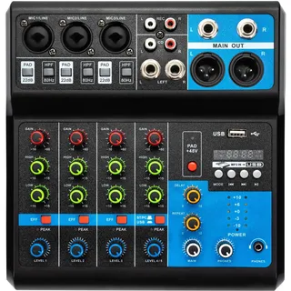 Bluetooth Audio Mixer 5 Kanal USB Live Studio Audio Mischpult DJ Konsole Verstärker 48V Phantomspeisung Stereo DJ Mixer für Aufnahme, Live Streaming, Podcasting