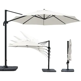 paramondo parapenda Sonnenschirm Ampelschirm aus 230 g/m2 Polyesterfaser, Rund, Ø 3,5 m, 360° Schwenkbar, Kurbelbedienung, Weiß, Stahl-Standkreuz und Gestell in Anthrazit, 20.6kg
