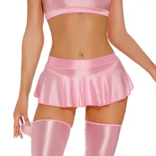 RuiChy Hochglanz Minirock Damen‌ Sexy leicht durchsichtiger Plisseerock Elastische A-Line Glanzminirock im Y2K Stil für Rave Party Nachtclub Tanzbekleidung, Rosa/XL - XL