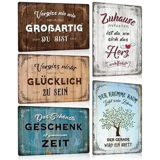 5er Blechschilder Set Retro Sprüche - ZUHAUSE FAMILIE GLÜCK FREUNDE LEBEN - Vintage Metall-schilder mit Sprüchen - Wanddeko Geschenk für Garten Einzug Richtfest Einzugsgeschenke Haus - DIN A4 (SET B)
