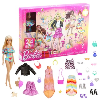 Barbie-Adventskalender Puppe (30,40 cm), 24 Überraschungen inklusive Trendiger Kleidung und Accessoires für jeden Tag, Festliche Verpackung mit Feiertagsmotto für Kinder von 3 Jahren, GYN37
