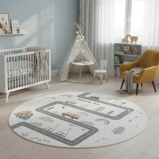 SIMPEX Kinderteppich Straße Spielteppich rund 120 cm für Kinderzimmer in Creme mit Fahrzeug Motiv detailreiches Motiv