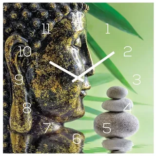Levandeo® Wanduhr (Wanduhr Glas 30x30cm Uhr Glasbild Buddha Kopf Steine Grün Wellness)