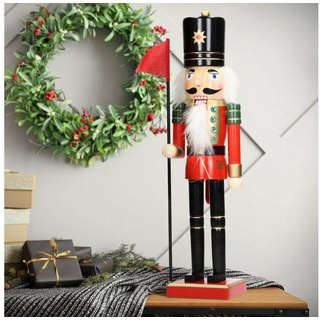 ECD Germany Nussknacker Nussknacker Figur Soldat Weihnachten Holzfigur König Puppet Marionette, 38cm schwarzer Hut Fahne Holz Unikat handbemalt grün|rot|schwarz