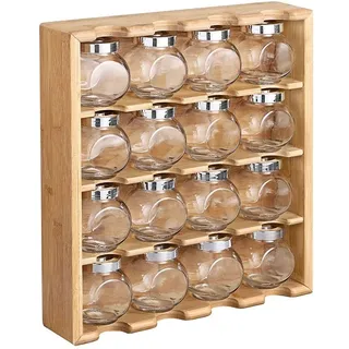 Decopatent Kräuterregal mit 16 Kräutertöpfen aus Glas - Küchenregal/Gewürzregal aus Bambusholz - Küchenorganisierer mit 4 Böden - hängend und stehend verwendbar