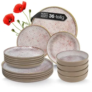 Moritz & Moritz ALHAMBRA Geschirrset 12 Personen 36-tlg. aus hochwertigem Porzellan - Modernes Tafelservice in Mousse - Pflegeleichtes Geschirr Set aus je 12x Speiseteller, Dessertteller und Schalen