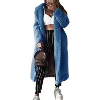 ORANDESIGNE Blaue Taschen Umlegekragen Langarm Oversize Warmer Wintermantel Teddymantel Lang Damen Mode 3XL - 3XL
