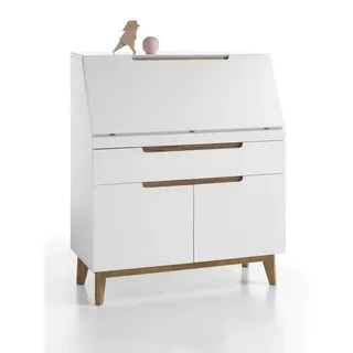 Sekretär Schreibtisch Schrank weiß matt MDF Asteiche furniert Massiv Klappe 97