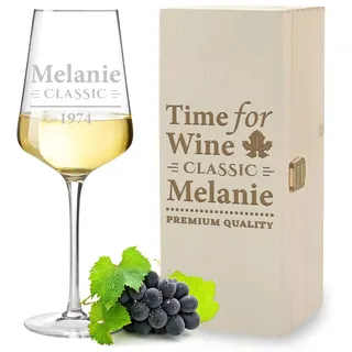 polar-effekt 2-TLG Geschenkset Weinglas 560 ml Holzbox mit Wunschgravur personalisiert - Weisweinglas zum Geburtstag