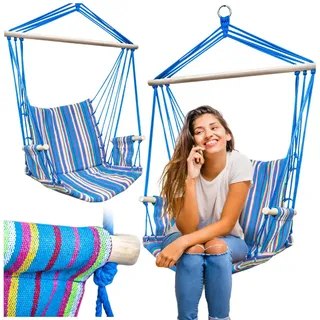 ZOLTA Hängematte 60x100cm - Indoor- und Outdoor- Hängeschaukel mit Armlehnen - Gartenzubehör - Hängender Schaukelstuhl - Häng Hängematte - Hammock für Kinder und Erwachsene - Blaue Streifen