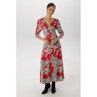 Midikleid ANISTON SELECTED, Damen, Gr. 48, N-Gr, bunt (rot, dunkelrot, schwarz, sanftes weiß), Jersey, Obermaterial: 95% Viskose, 5% Elasthan, bedruckt, gemustert, figurumspielend wadenlang, V-Ausschnitt, Kleider Midikleid, mit Smok-Details und fantasievollem Leo-Print