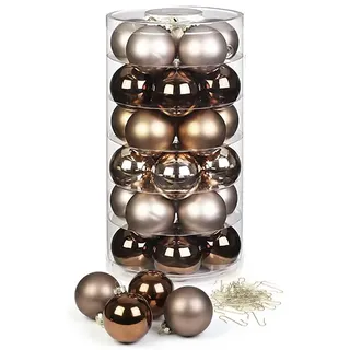 Inge Glas Weihnachtskugeln mit Haken | Schöne Christbaumkugeln aus Glas | Set 30 Kugeln und 40 Aufhänger | Christbaumschmuck Weihnachtsbaumkugeln (Elegant Lounge | braun)