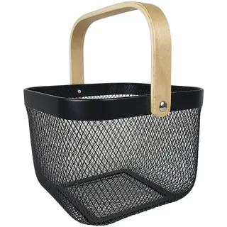 Aufbewahrungskorb Metall mit Holzgriff schwarz 26x26x18cm Allzweckkorb Drahtkorb Küche Bad Büro Vorratskammer
