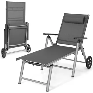 COSTWAY Liegestuhl aus Aluminium mit Rollen, klappbarer Sonnenliege mit 7-Fach Verstellbarer Rückenlehne und Abnehmbarer Kopfkissen, Klappliege Ga... - Grau