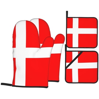 Ofenhandschuh und Topflappen-Set, Dänemark-Flagge, 4 Stück, hitzebeständig und wasserdicht, für Küche, Grill