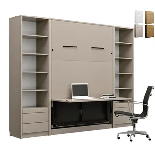 QMM TraumMöbel Schrankbett Wandbett GN120x200 mit Schreibtisch, LED & 2 Regalen vertikal (Set, 3-St., Schrankbett vertikal 120x200 mit LED & Schreibtisch; 2 Regale) mit LED-Beleuchtung; mit integriertem Schreibtisch