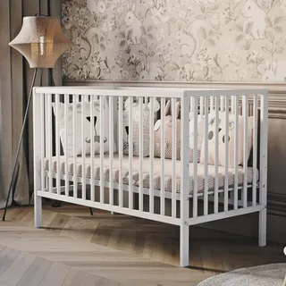 Kinderbett Babybett - BELLO basic – Ökologisch und aus Massivholz 3 fach höhenverstellbar inkl. Matratze mit drei herausnehmbaren Latten 60 x 1... - Weiß