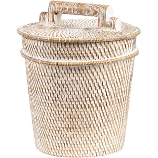 Beliani Korb weiß Rattan bemalt 21 cm hoch Aufbewahrung mit Deckel Boho Rustikales Dekor