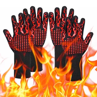 2 Paar Grillhandschuhe Hitzebeständig bis 800°C, Ofenhandschuhe Extrem Hitzebeständige, Rot Feuerfeste Grill Handschuhe BBQ Gloves für Backen Küche Grillen Outdoor