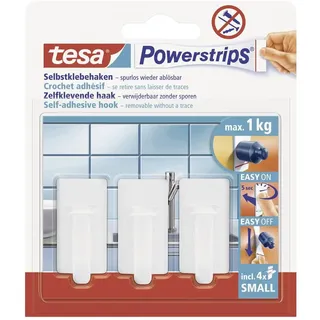 tesa Powerstrips Haken Small CLASSIC - Weiß - 1 kg Halteleistung | 3 selbstklebende Wandhaken aus Kunststoff - für Glas, Kacheln, Holz, Kunststoff und andere Untergründe - spurlos ablösbar
