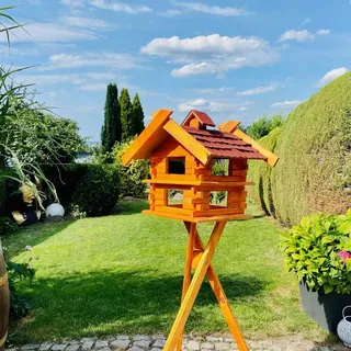 DARLUX handgefertigtes rechteckiges Vogelhaus/Vogelvilla M - XXL wetterfest aus Holz Vogel Futterstelle Haus mit und ohne Ständer (Größe XXL mit Ständer, Rot - Braun)