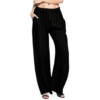 Viunychn Leinenhose Damen Lang Leicht Sommerhose Musselin Hosen Stoffhose Einfarbig Freizeithose Gerade Geschnitten Hose Sommerhose und Taschen Baumwolle Lockere Strandhose Luftig Weite Damenhose