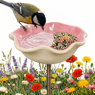 Bienentränke Keramik Blume & Vogeltränke Stehend - Gartendeko für Draußen Wetterfest, Insektentränke Garten für Wildvögel, Bienen & Schmetterlinge (Rosa * 1)