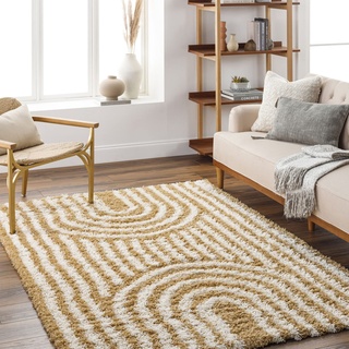 Surya Kalba Shaggy Berber Teppich - Flauschiger Teppich für Wohnzimmer, Esszimmer, Schlafzimmer, Abstrakter Langflor Hochflor Teppich weiss flauschig & pflegeleicht -Teppich groß 160x220cm in Senfgelb