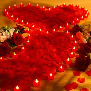 6000 Stück Valentinstag künstliche Rosenblätter mit 72 Stück romantische Herz LED Kerze flammenlose Liebe LED Teelicht Kerze für romantische Nacht Jahrestag Tischdekoration (rotes Licht)