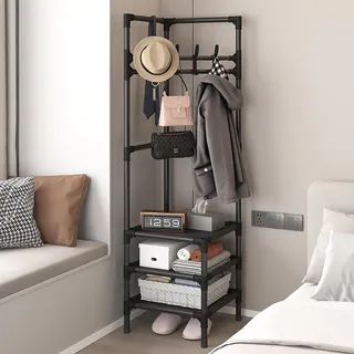 Eck-Flur-Baum, freistehend, Garderobenständer, Kleiderständer mit 3 Etagen Regal und Haken für Eingangsbereich, Flur, Schlafzimmer (Schwarz, 3 Ebenen)