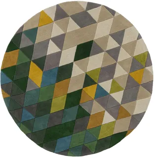Wollteppich FLAIR RUGS "Prism, rund, modern & geometrisch", bunt (multi), H:10mm Ø:160cm, Wolle, Teppiche, mit Hoch-Tief-Effekt, Wohnzimmer