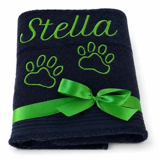 Wuff-Dogsworld Hundehandtuch mit Pfoten und Namen Bestickt Handtuch Hund 50 x 100 cm Farbwahl Baumwolle saugfähig Welpen Geschenk Geburtstag personalisiert