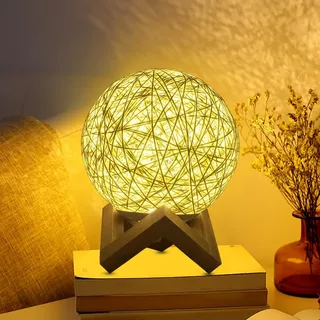 Yuragim LED Nachttischlampe, Boho Tischlampe Holz mit Handgewebtem LampenschirmTable Lamp Rattan Tischlampen Nachttischlampe mit USB Kugellampe Nachttischlampen Nachtlicht für Wohnzimmer Schlafzimmer