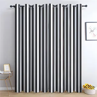 THYUNQ Vorhänge Schwarz Weiß Gestreift Motiv, Vorhang Blickdicht Verdunklungsvorhänge mit Ösen - Gardinen Wohnzimmer Schlafzimmer Fenster, 2er Set Curtains, H 137 x B 117 cm
