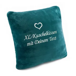 Kuschelkissen mit Namen XL-Größe, flauschig plüsch, Schmusekissen personalisiert mit Text und Herz Stickerei, romantisches Geschenk für Mädchen, Frau, Freundin, Geburtstag, Weihnachten (petrol)