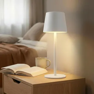 MIJOMA kabellose LED-Tischlampe LED Akku-Tischleuchte mit Touch-Schalter, dimmbar kabellos tragbar, Leselampe Nachttischlampe für Wohnzimmer, Schlafzimmer, Schreibtisch, Lesen - Weiß - Metall - 26 cm