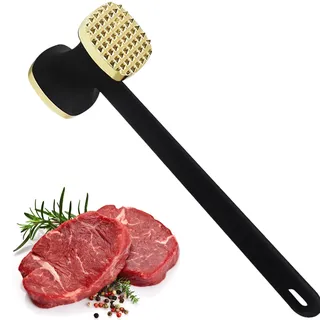 LNJ Fleischhammer - Fleischklopfer Aus Edelstahl - Doppelseitig Schnitzelklopfer Spülmaschinenfest Mit Rutschfestem Griff - Fleischplattierer Fleischstampfer Für Schnitzel, Koteletts, Steaks (Gold)