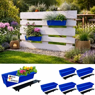BURI 6 Euro-Paletten Blumenkästen-Einsätze inkl. Bewässerungsmatte | mit Hängesystem zum Einhängen | 37,3cm Blau | Pflanzkasten für Europalette Palette | Balkonkasten | Blumentopf | extrem stabil
